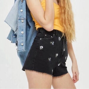 Topshop High  Waisted Black Floral Embroidered Denim Jean Short Women’s 0